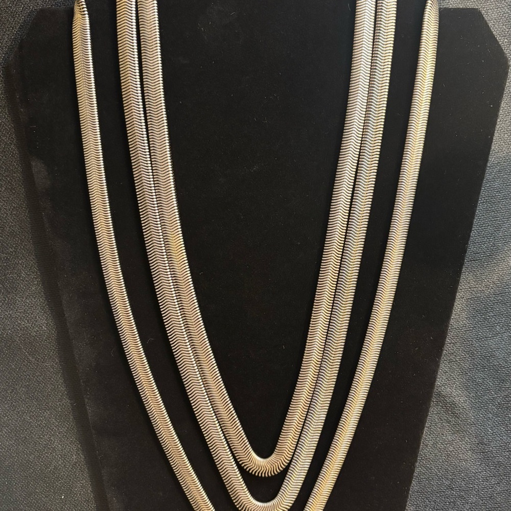 Chic Silver Herringbone Triple Strand Necklace 13”